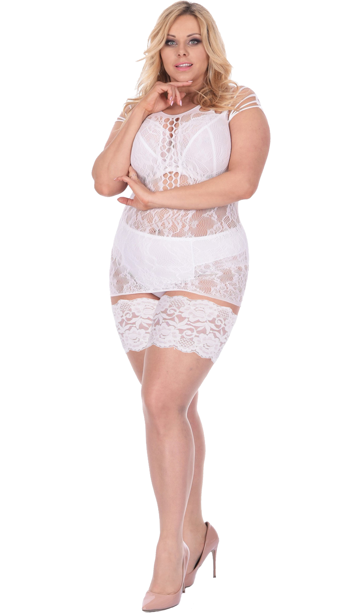 Orirose ®, SEXY włoskie ŚLUBNE POŃCZOCHY damskie samonośne 15den – transparentne o 14-15cm kwiatowej koronce - SIZE PLUS - obrazek 4