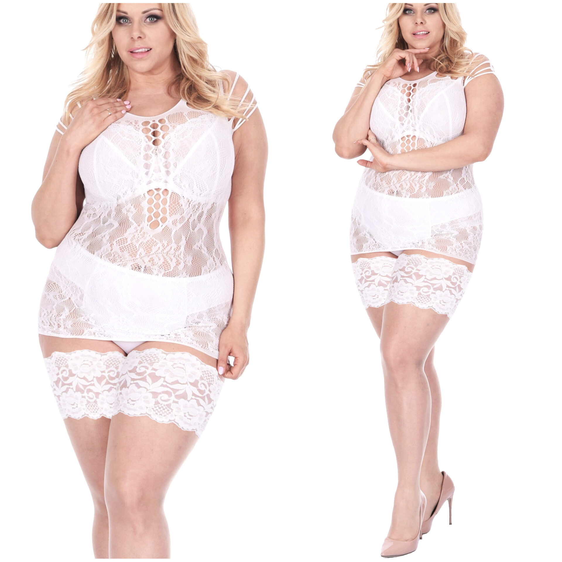 Orirose ®, SEXY włoskie ŚLUBNE POŃCZOCHY damskie samonośne 15den – transparentne o 14-15cm kwiatowej koronce - SIZE PLUS
